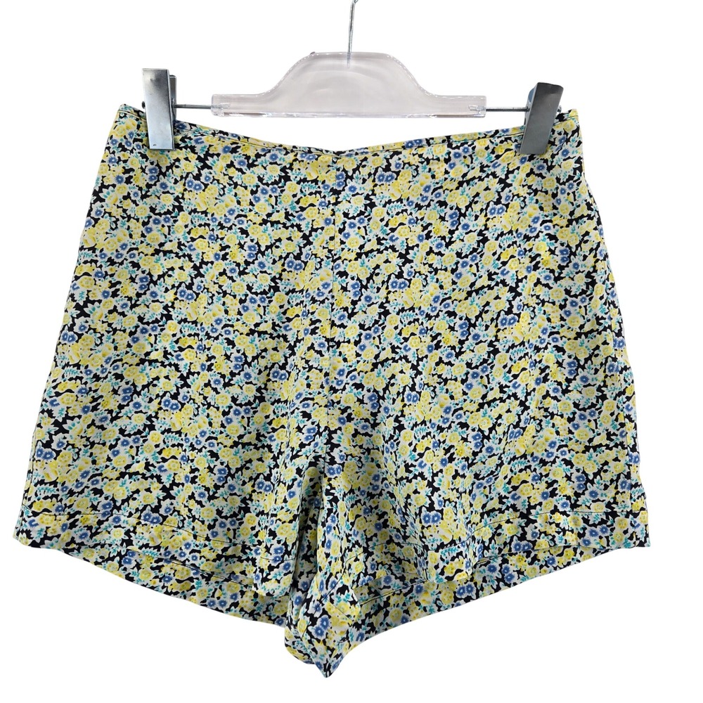 Equipment Femme Lewis Floral Print 100% Silk Shorts Yellow Blue Black Size M
